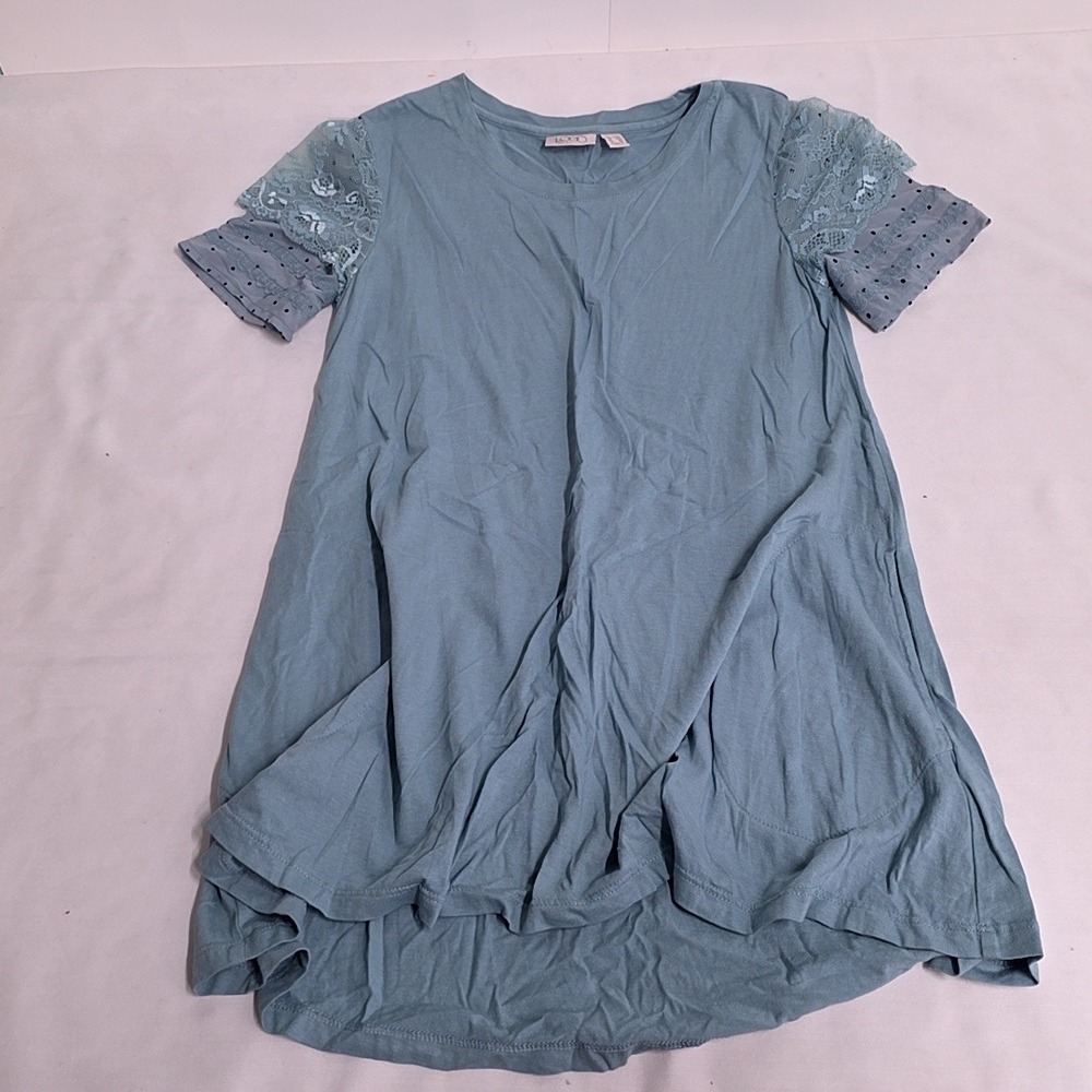 LOGO Lori Goldstein Top Womens XXS Blue Lace Mesh Sleeve High Low Swing Tunic